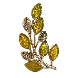 Vintage Monet Molded Glass Green Yellow Leaves Gold Tone Brooch Pin Botanical